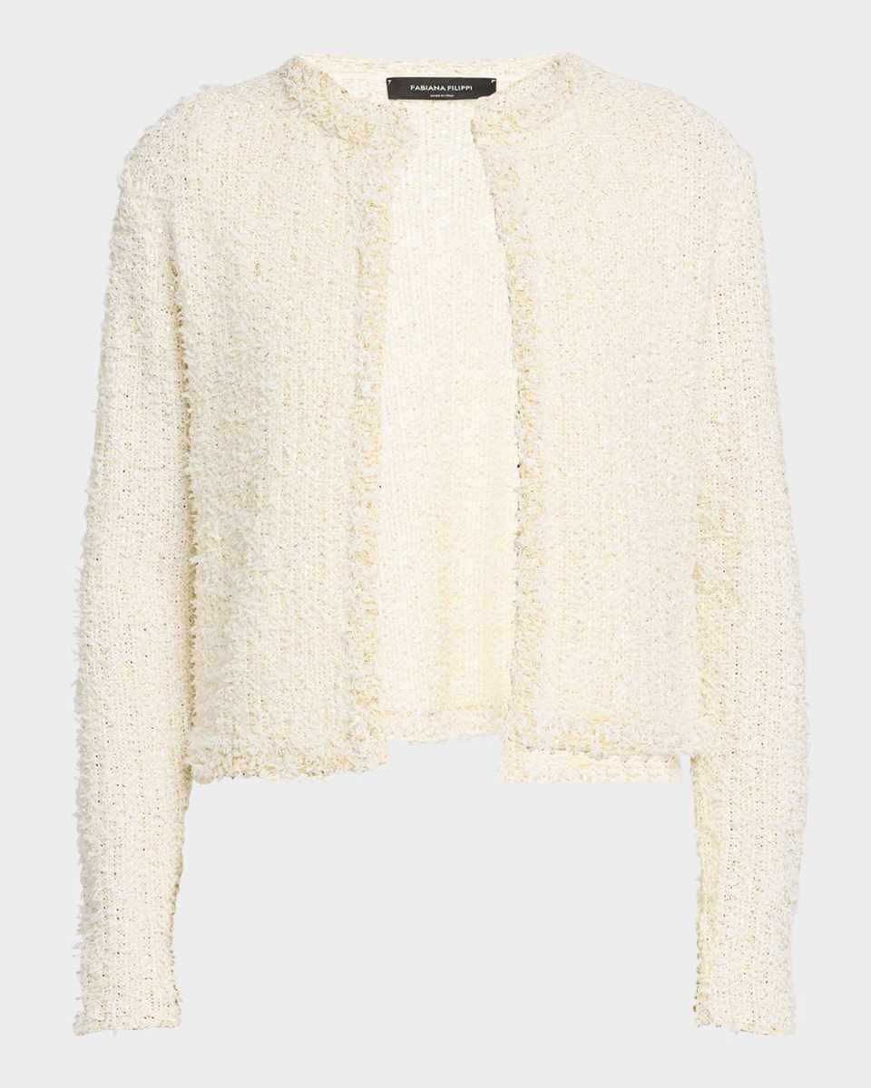 Fringe-Trim Sequin Tweed Cardigan